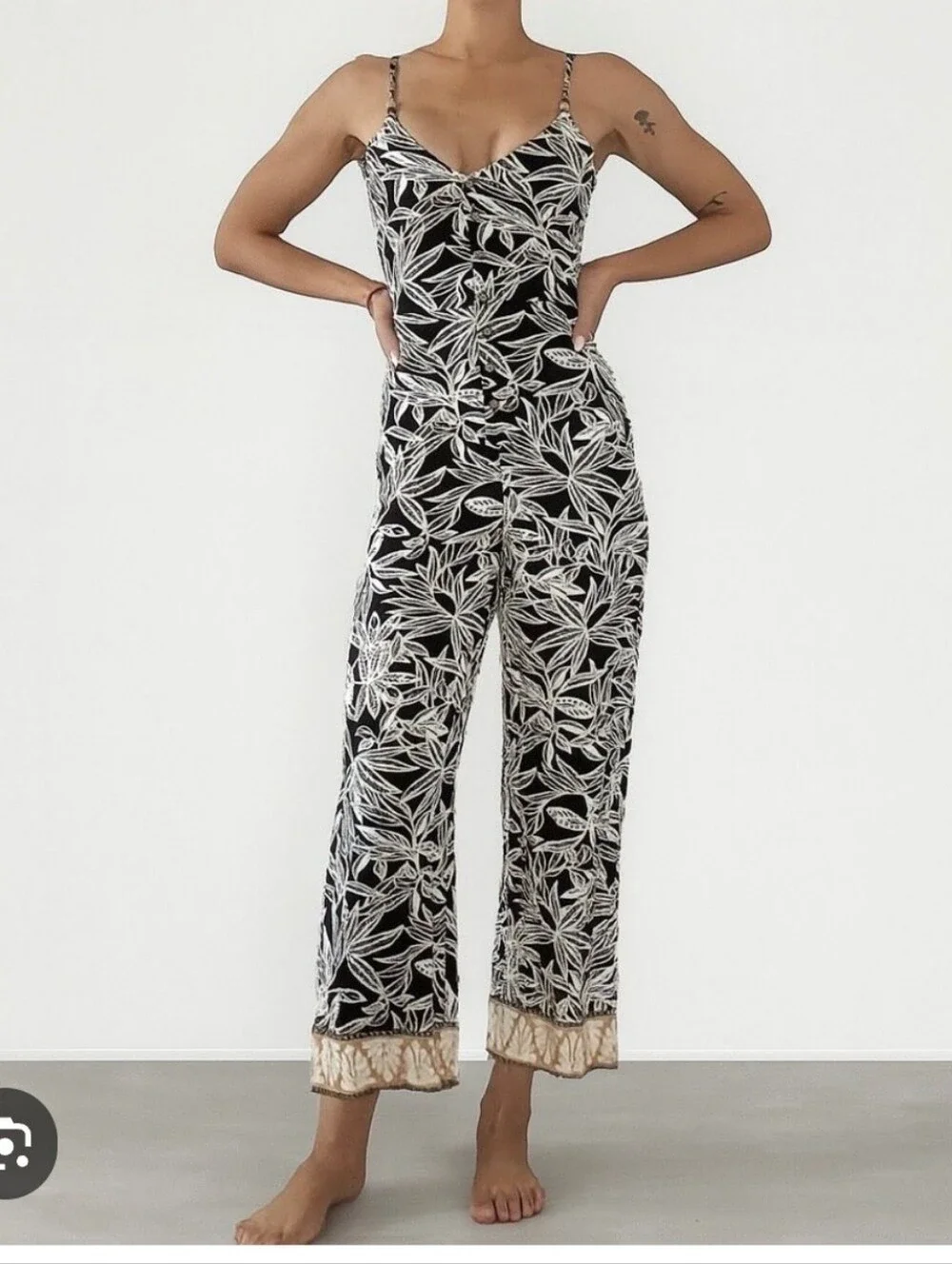 ZARA | linen printed jumpsuit brown Cream tropical leaf Sz M